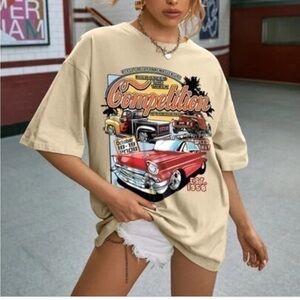 New Beige Oversized Car Graphic T-Shirt Size Small